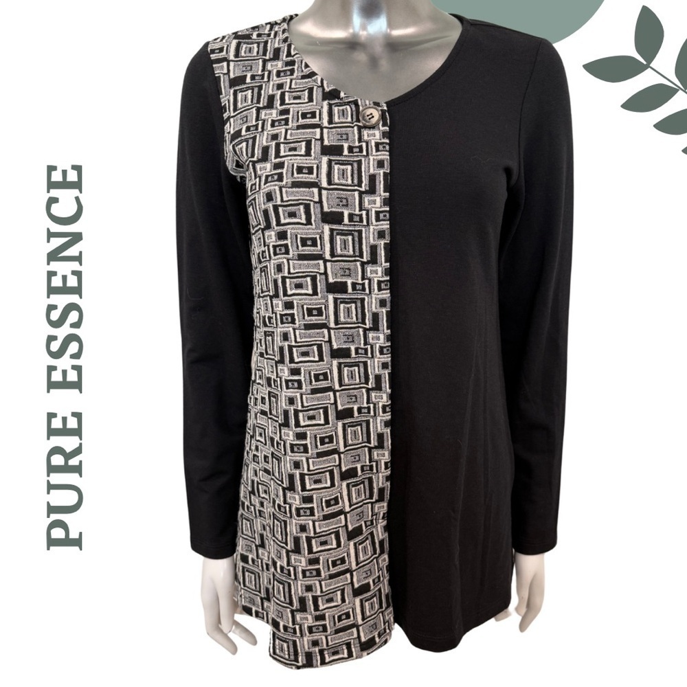 Pure Essence Black Cream Geometric Panel Tunic Top Long Sleeve Knit Size XS